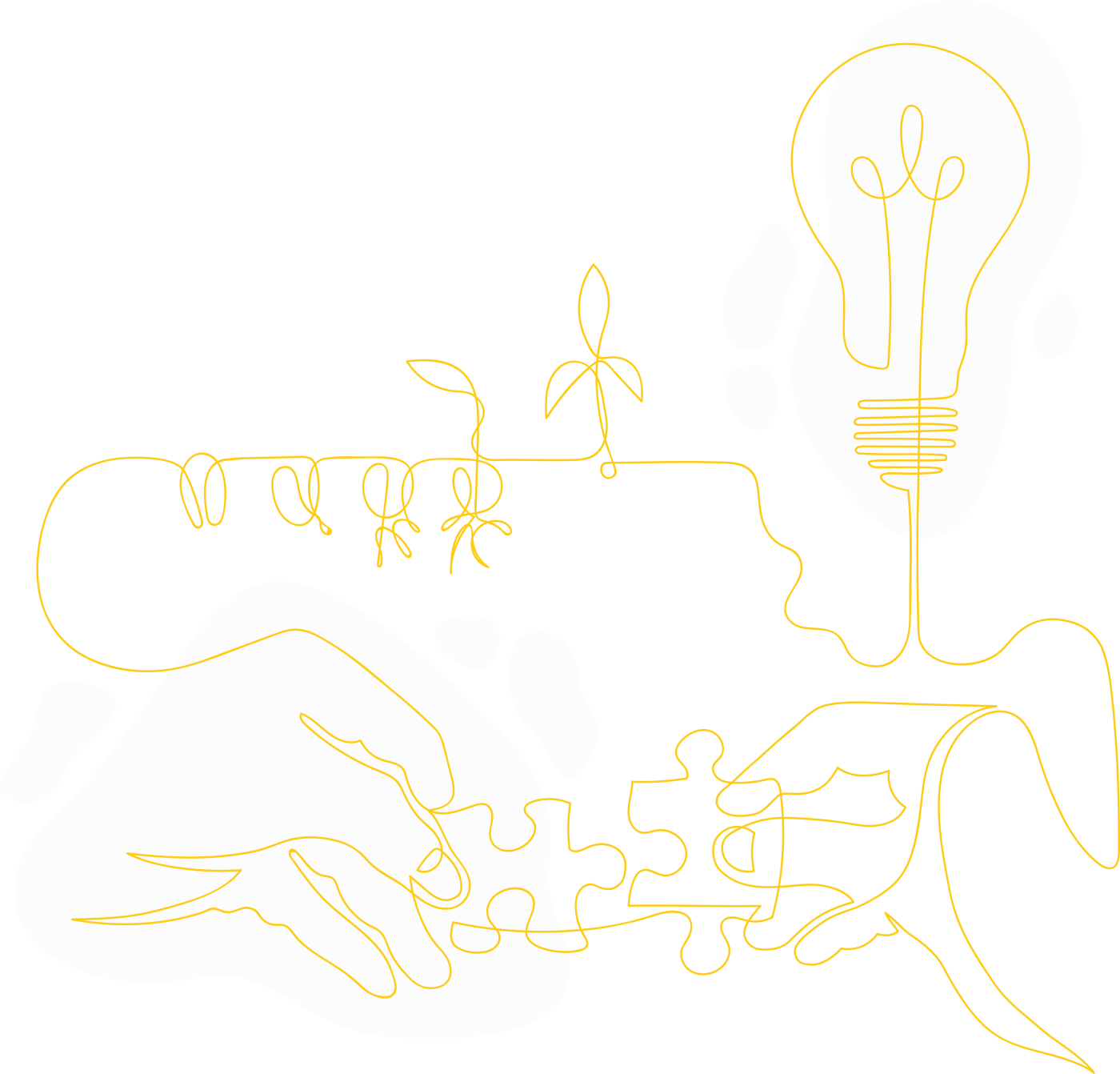 Linjeillustration bestående av två händer som håller i pusselbitar som växer till en ranka och slutar i en glödlampa.