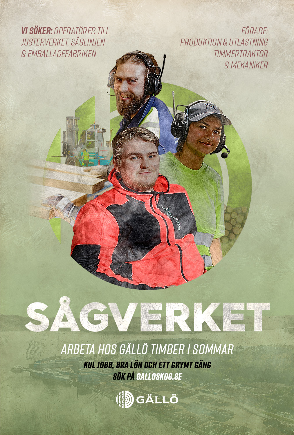 En filmaffisch med personer som arbetar på Gällö Timber.