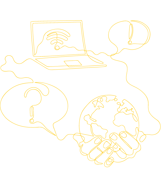 Linjeillustration bestående av händer som håller i en jordglob kopplad till pratbubblor som leder in i en bärbar dator.